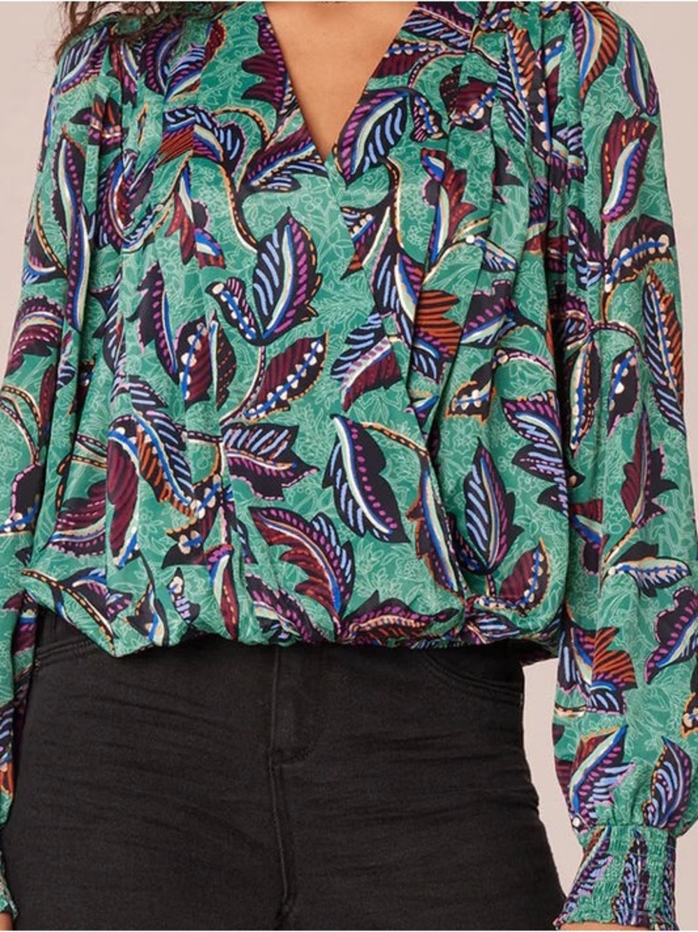 Democracy Green Tropical Leaf  Printed Overlap Front V-Neck Long Sleeve Blouse